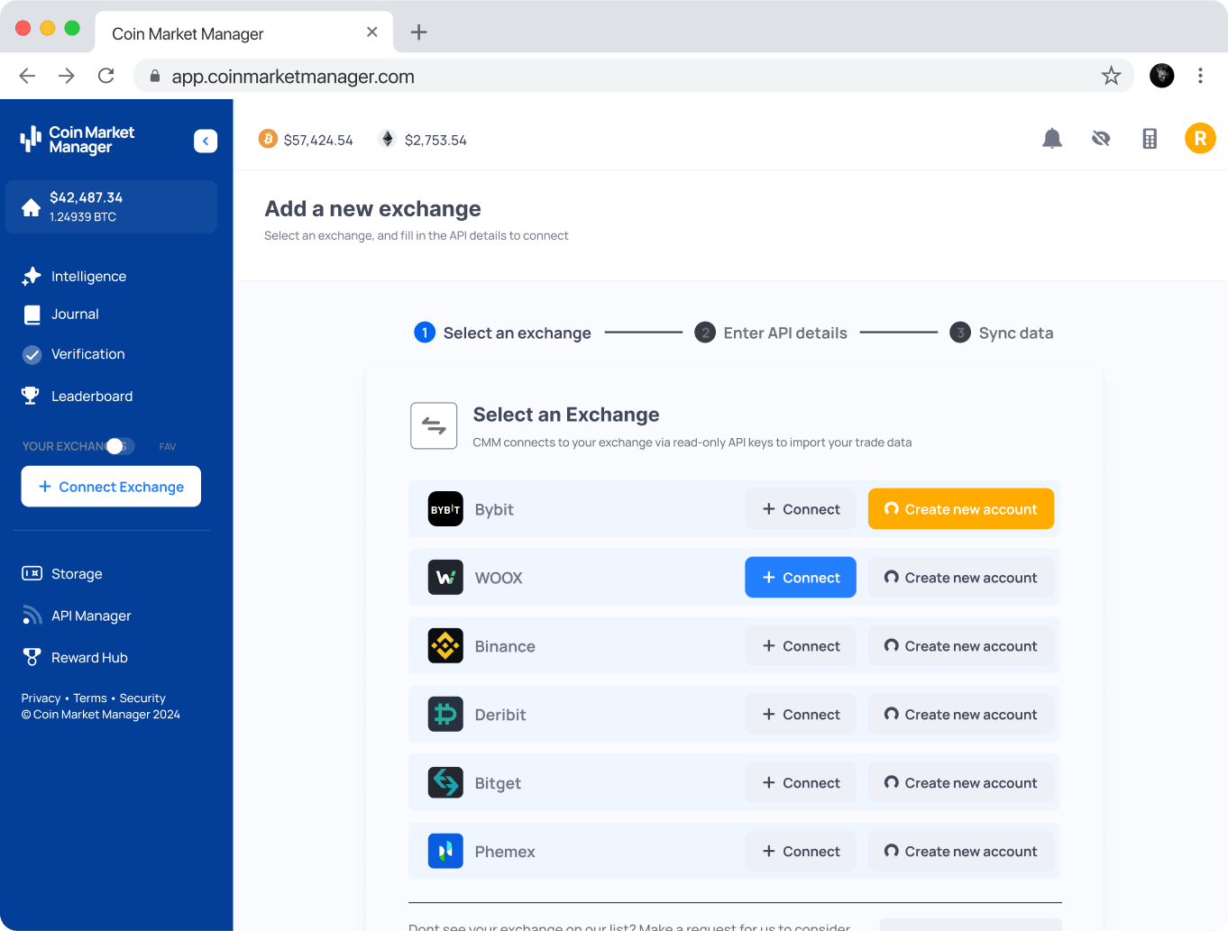 One-click import feature for a trader's trading data with a list of popular crypto exchanges.